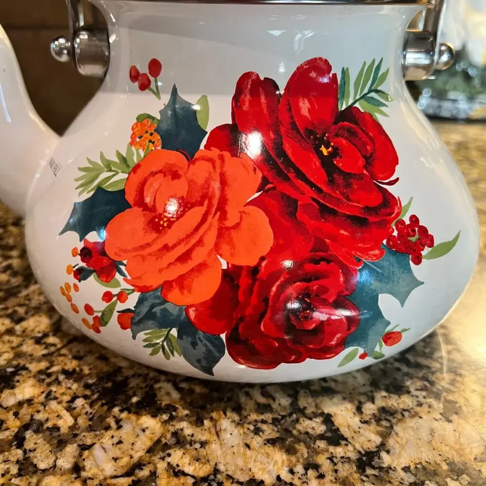 The Pioneer Woman Cheerful Rose Enamel on Steel 1.9 Quart Tea Kettle